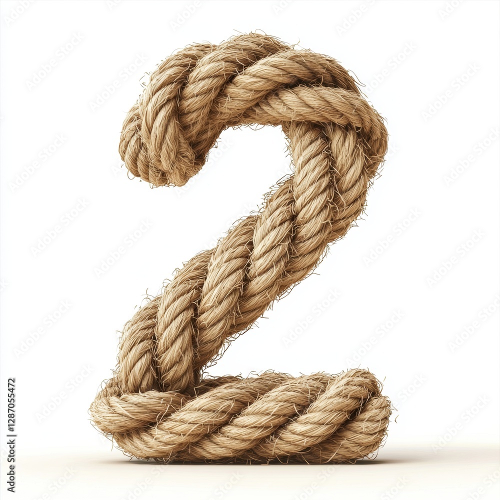 Of the number 2 made of twisted rope fibers in natural beige tones with visible rough strands, isolated on a clean white background Of the number 2 made of twisted rope fibers in natural beige tones with visible rough strands, isolated on a clean white background