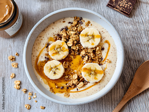 Bowls of creamy smoothie topped with banana slices, granola, and a drizzle of syrup on a wooden surface