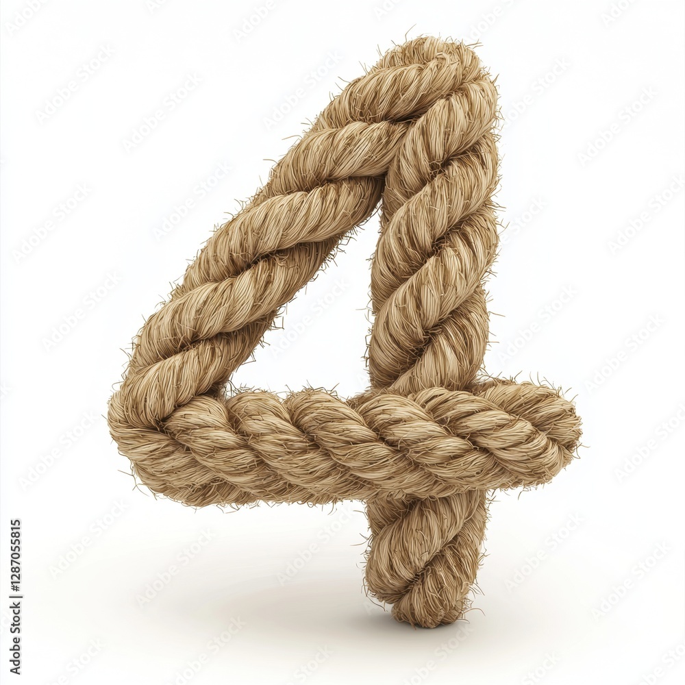 Of the number 4 made of twisted rope fibers in natural beige tones with visible rough strands, isolated on a clean white background Of the number 4 made of twisted rope fibers in natural beige tones with visible rough strands, isolated on a clean white background