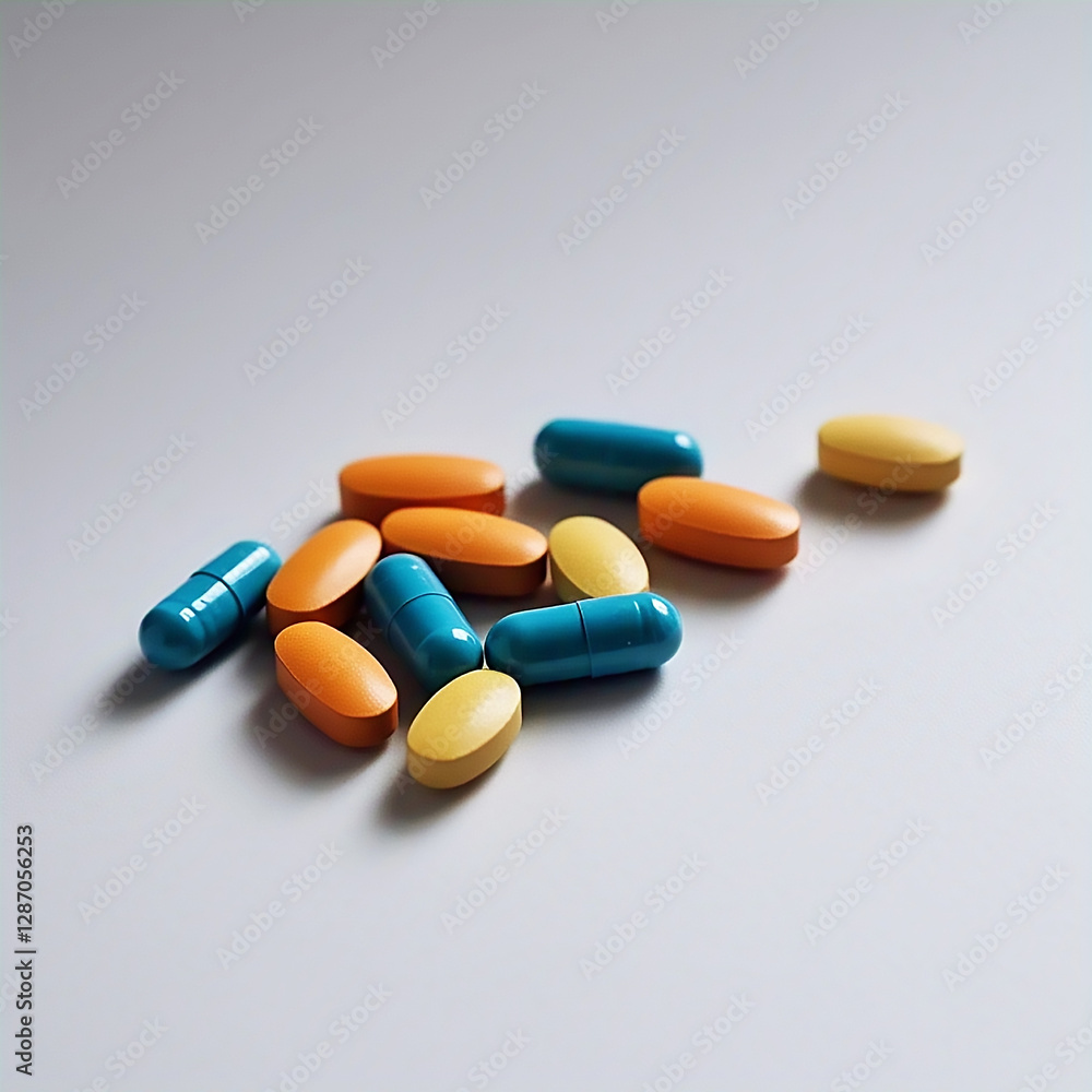 Assorted Tablet Pills and Capsules on White Background: Medical and Healthcare Essentials Assorted Tablet Pills and Capsules on White Background: Medical and Healthcare Essentials