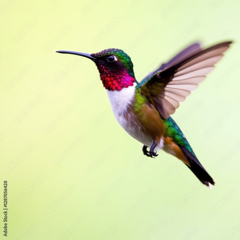 Fototapeta premium Tiny hummingbird, dazzling plumage, hovering flight, swift, nature photography