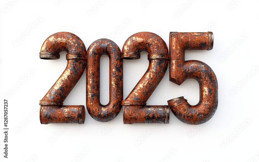 Of the number 2025 made of rusted iron pipes with oxidized textures and deep brown corrosion spots, isolated on a clean white background Of the number 2025 made of rusted iron pipes with oxidized textures and deep brown corrosion spots, isolated on a clean white background
