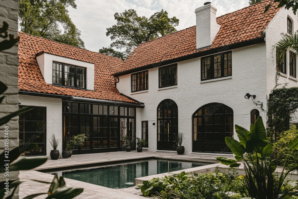 An elegant courtyard features a contemporary white house, complete with a sparkling pool surrounded by vibrant, lush greenery, all set in a tranquil suburban environment basking in the warm daylight An elegant courtyard features a contemporary white house, complete with a sparkling pool surrounded by vibrant, lush greenery, all set in a tranquil suburban environment basking in the warm daylight
