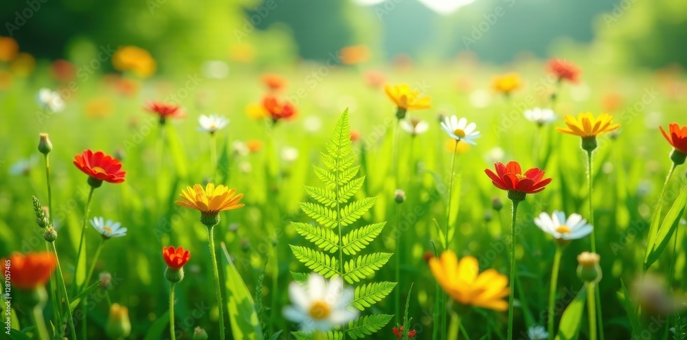 A field of tall grass and wildflowers with a few ferns in the center, grassland, fauna, flora A field of tall grass and wildflowers with a few ferns in the center, grassland, fauna, flora