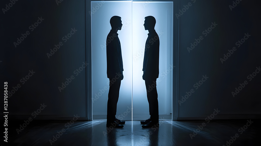 Fototapeta premium A surreal image of a man standing face to face with his identical clone in a dimly lit room.