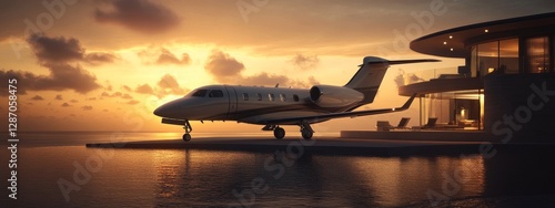 A sleek modern private jet parked in front of a luxury villa with glass walls and ambient lighting, set against a breathtaking sunset sky. Luxury travel, exclusive lifestyle, opulent design concept photo