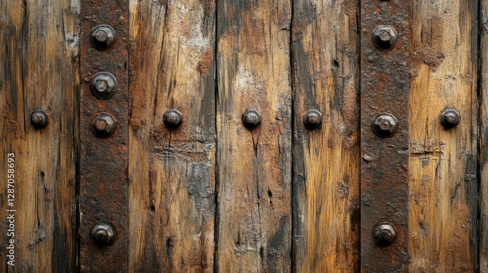 Fototapeta premium Rustic wooden texture with embedded metal screws for industrial design