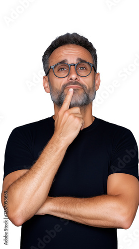 Mature man in black t-shirt thinking deeply with hand on chin on transparent background