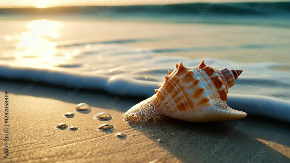 Close-up of a beach shell, embraced by gentle waves, a timeless coastal treasure, Ai Generated