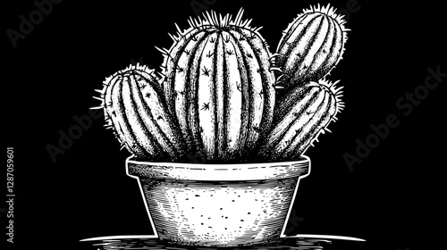 Vintage Cactus in Pot - Elegant Botanical Illustration