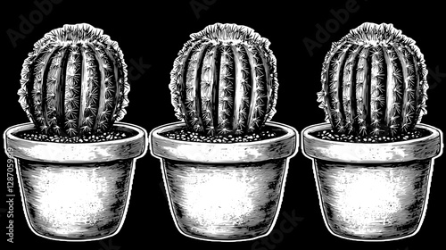 Three Cacti in Pots - Vintage Botanical Illustration