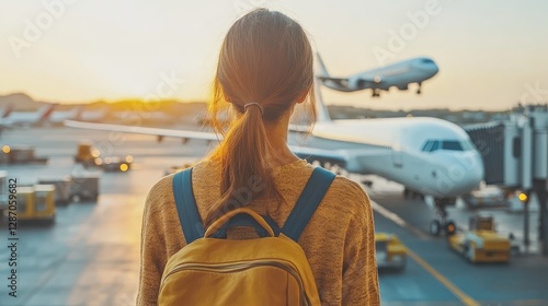 A traveler with a backpack waiting at an airport terminal, gazing out the window as a plane takes off, symbolizing adventure, journey, and the excitement of travel. photo