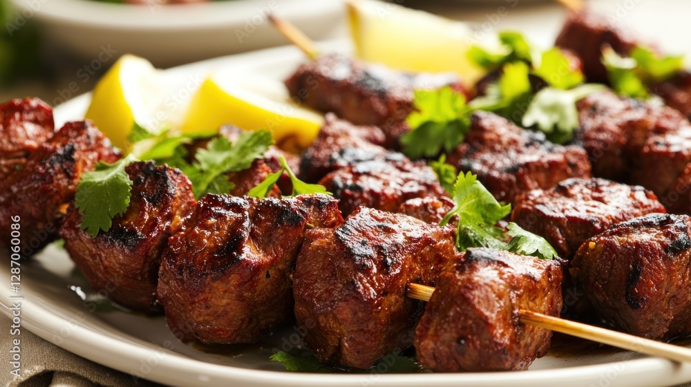 Delicious Grilled Indian Kebabs Served with Fresh Lemon and Garnished with Herbs on a Plate Delicious Grilled Indian Kebabs Served with Fresh Lemon and Garnished with Herbs on a Plate