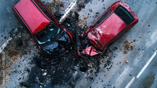 An aerial view of two red cars in a severe collision, depicting a chaotic scene that accentuates the serious nature of traffic accidents and the urgency for enhanced road safety.