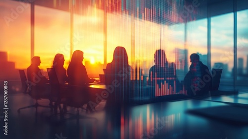 Business team meeting with digital financial data and graphs in the background, showcasing the concept of global business success and corporate growth, captured in a silhouette double exposure style. photo