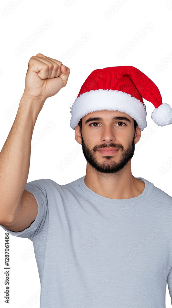 Man in Santa hat raising fists in victory and celebrating happily on transparent background Man in Santa hat raising fists in victory and celebrating happily on transparent background