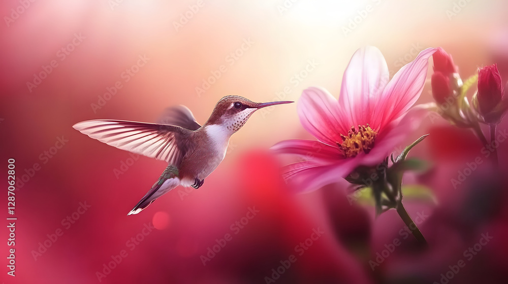 Naklejka premium A tiny hummingbird hovering near a vibrant red flower wings blurred from rapid motion.