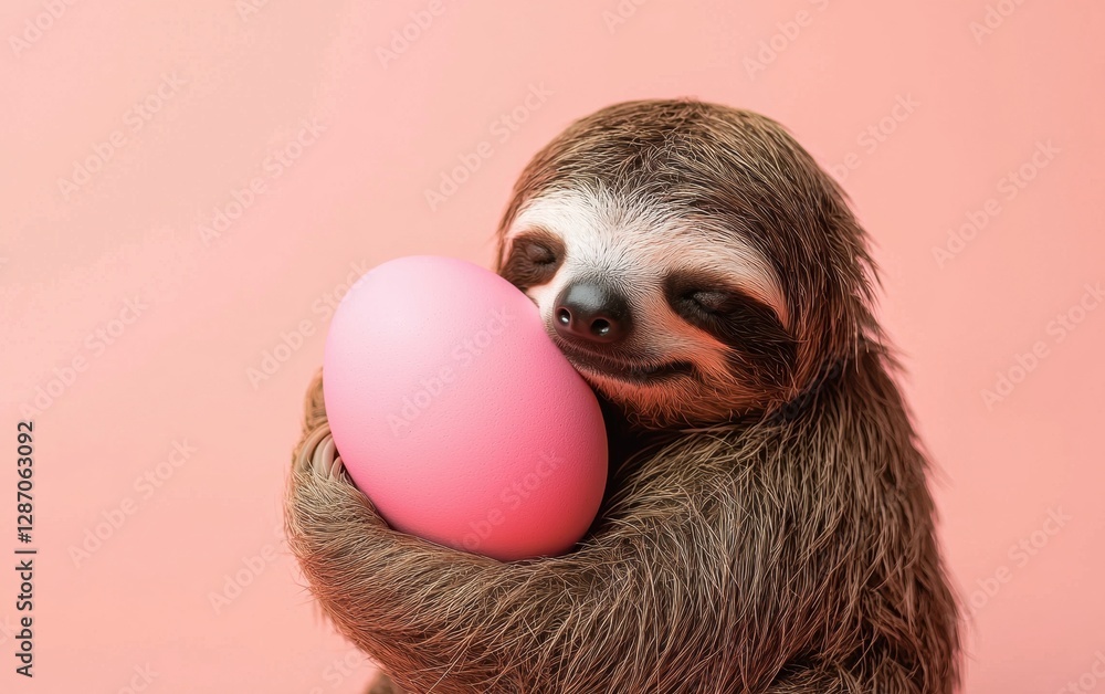 Fototapeta premium Sleepy sloth hugging a pastel-colored egg on a radiant peach-pink background Easter
