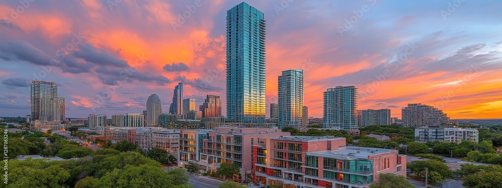 Fototapeta premium The setting sun casts a warm glow over the city skyline, with tall skyscrapers standing against an orange sky, while pink clouds gently fill the upper half of the sky, creating a stunning urban sunset