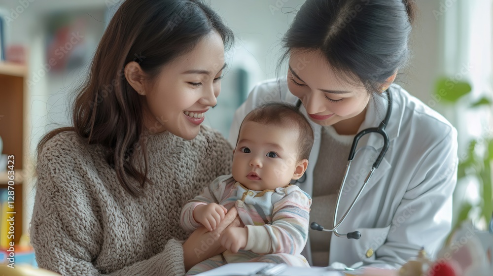 Doctor and mother smiling at a baby during a joyful medical examination in a welcoming clinic, fostering trust and care in healthcare Doctor and mother smiling at a baby during a joyful medical examination in a welcoming clinic, fostering trust and care in healthcare