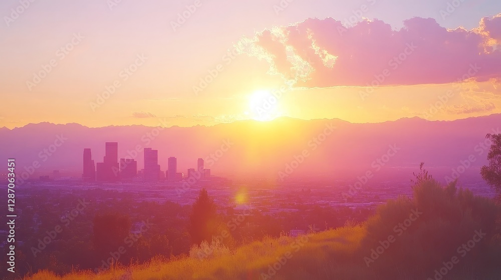 Fototapeta premium The setting sun casts a warm glow over the city skyline, with tall skyscrapers standing against an orange sky, while pink clouds gently fill the upper half of the sky, creating a stunning urban sunset