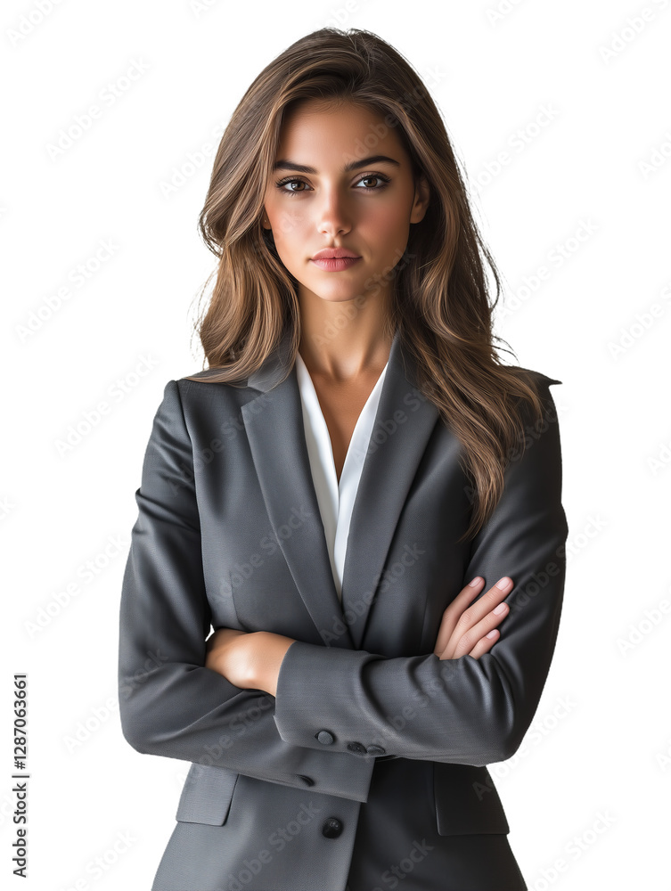 Serious Young Businesswoman in Black Blazer with Arms Crossed Against White Background Serious Young Businesswoman in Black Blazer with Arms Crossed Against White Background