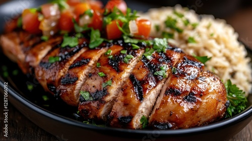 A deliciously grilled chicken breast adorned with fresh herbs and served with healthy rice, exuding a sense of warmth and satisfaction for food enthusiasts and healthy eaters. photo