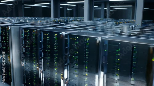 Footage showcases large server farm densely packed with rows of advanced servers and networking equipment operating in a high-tech atmosphere. Bright lights illuminate the space