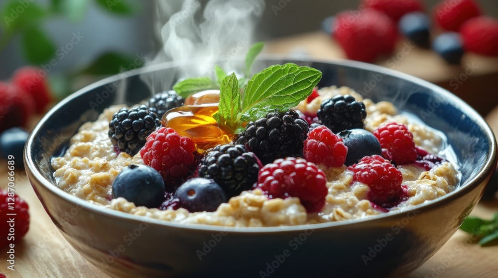 Delicious bowl of oatmeal topped with fresh berries and honey in cozy kitchen setting Delicious bowl of oatmeal topped with fresh berries and honey in cozy kitchen setting