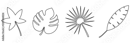 Tropic linear leaves continuous one line drawing. Vector illustration isolated on white.