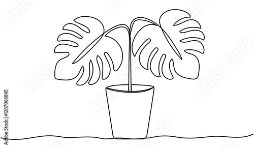 Monstera leaves in pot continuous one line drawing. Tropic linear leaf symbol. Vector illustration isolated on white.	