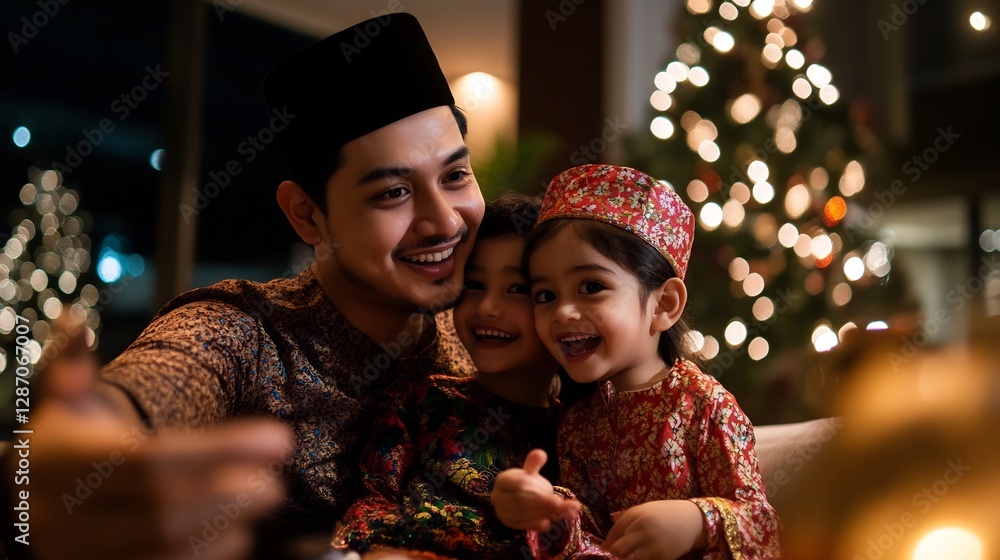 Happy Muslim Family Taking a Selfie with Festive Decorations at Home Happy Muslim Family Taking a Selfie with Festive Decorations at Home