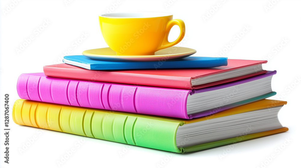 Colorful books and yellow cup isolated on white background, vibrant reading and school concept Colorful books and yellow cup isolated on white background, vibrant reading and school concept