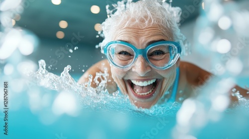 A vibrant elderly woman gleefully swims in a pool, wearing goggles and splashing water, symbolizing vitality, joy, and the timeless spirit of life, regardless of age. photo