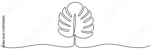 Monstera leaf continuous line drawing. Tropic linear leaf symbol. Vector illustration isolated on white.	