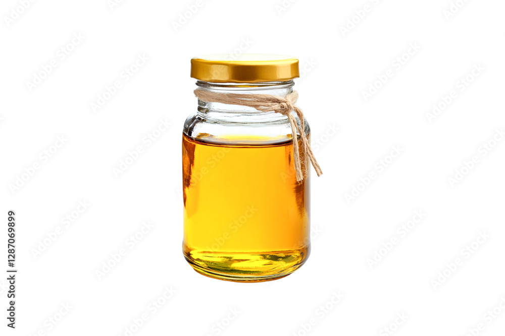 Golden oil in a glass bottle with a gold cap, Golden oil in a glass bottle with a gold cap,