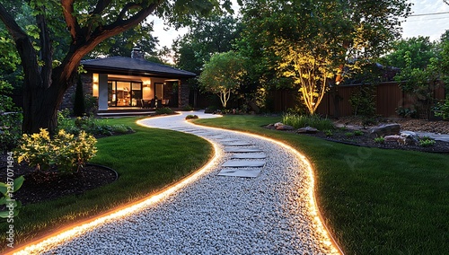 Beautiful landscape lighting design in the backyard an elegant home, featuring a winding path lined with white gravel.