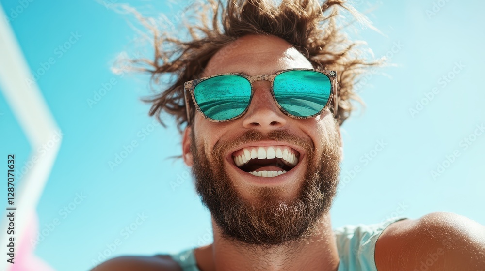 Obraz premium A young man with wild hair and sunglasses beams at the camera, embodying freedom and enjoyment amid a summer backdrop, radiating positive energy and happiness.