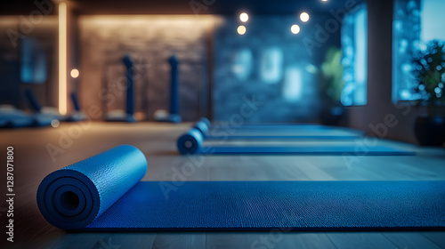 A yoga and stretching area in a gym featuring mats foam rollers and ambient lighting for relaxation.