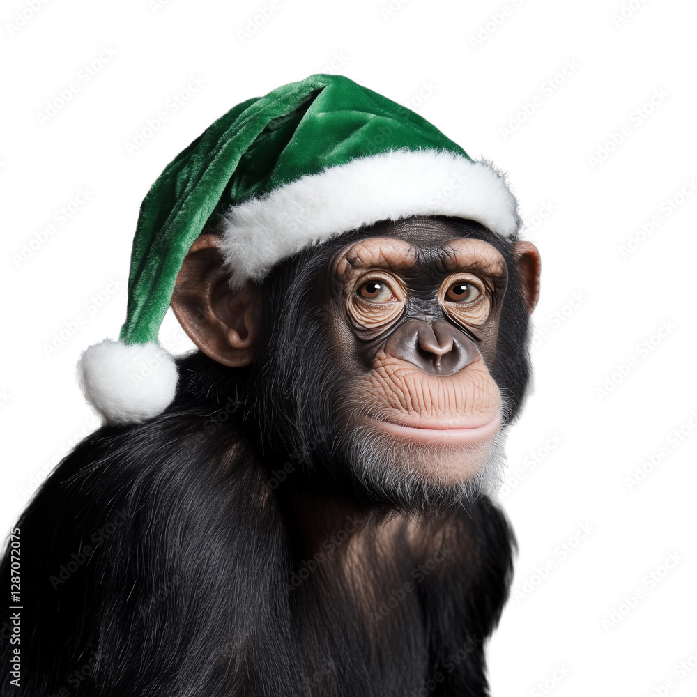 Chimpanzee wearing a festive Santa hat with a cheerful expression Chimpanzee wearing a festive Santa hat with a cheerful expression