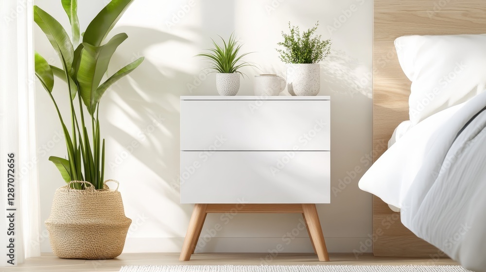 A bright and airy nightstand displaying stylish plants and various textures, creating an inviting atmosphere perfect for relaxation and aesthetic enjoyment. A bright and airy nightstand displaying stylish plants and various textures, creating an inviting atmosphere perfect for relaxation and aesthetic enjoyment.