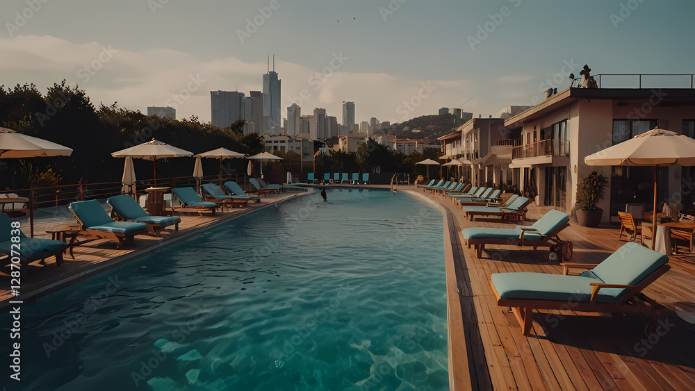 Fototapeta premium Flat Design Cozy Resort with Poolside View
