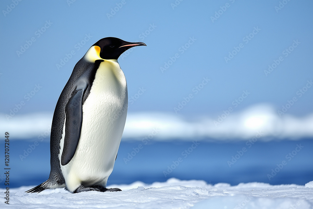 Obraz premium an emperor penguin standing on the ice, side view, full-body shot, against a blue sky background