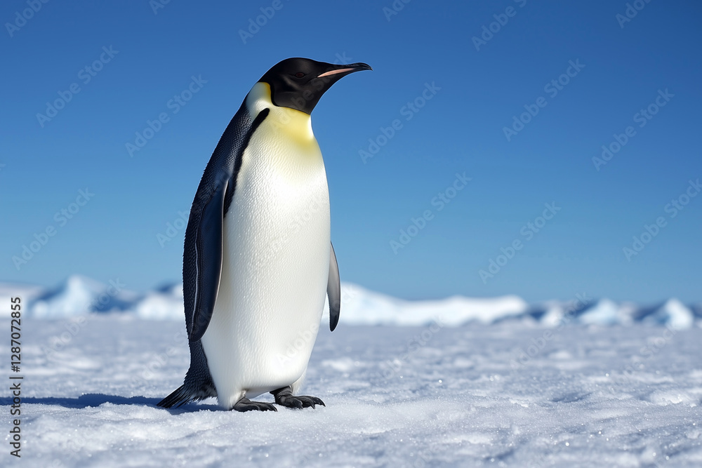 Fototapeta premium an emperor penguin standing on the ice, side view, full-body shot, against a blue sky background