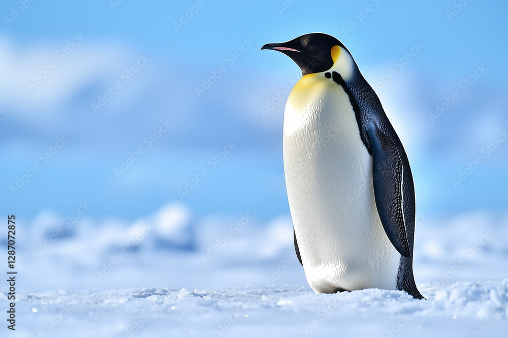 Fototapeta premium an emperor penguin standing on the ice, side view, full-body shot, against a blue sky background