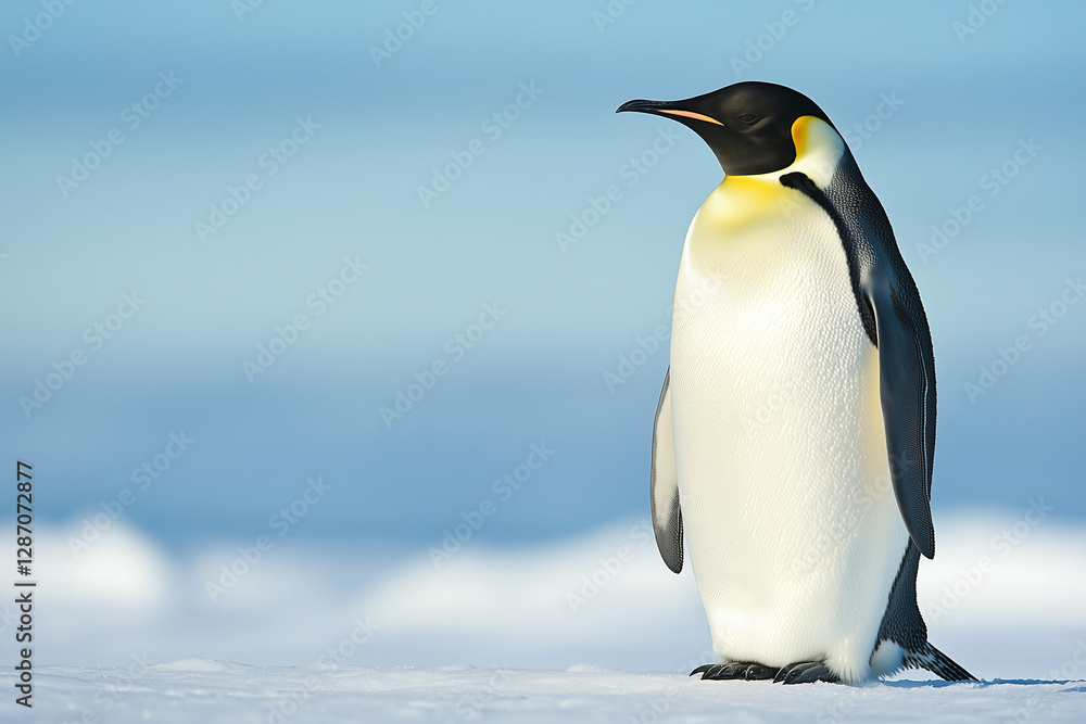 Fototapeta premium an emperor penguin standing on the ice, side view, full-body shot, against a blue sky background
