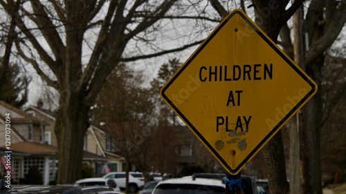 traffic sign on the road use caution children at play