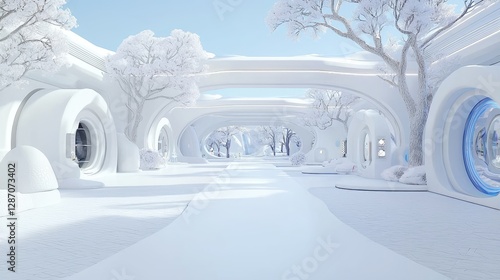 Futuristic snowy pathway, white architecture, winter landscape, serene background; website design