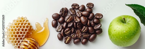 Costa Rican coffee beans with honeycomb and green apple on a white background photo