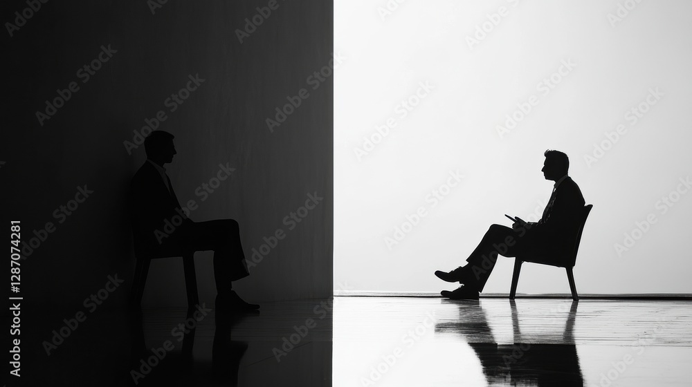 Obraz premium Two professionals engage in a discussion in a minimalist setting featuring stark contrasts and shadows at a modern office. Generative AI